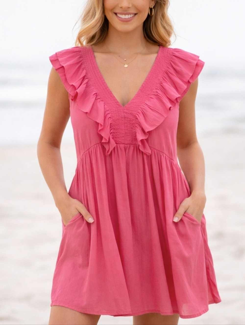 Anniewear Hot Pink Ruffle Babydoll Dress XL Flowy V Neck Pocket Tunic NWT